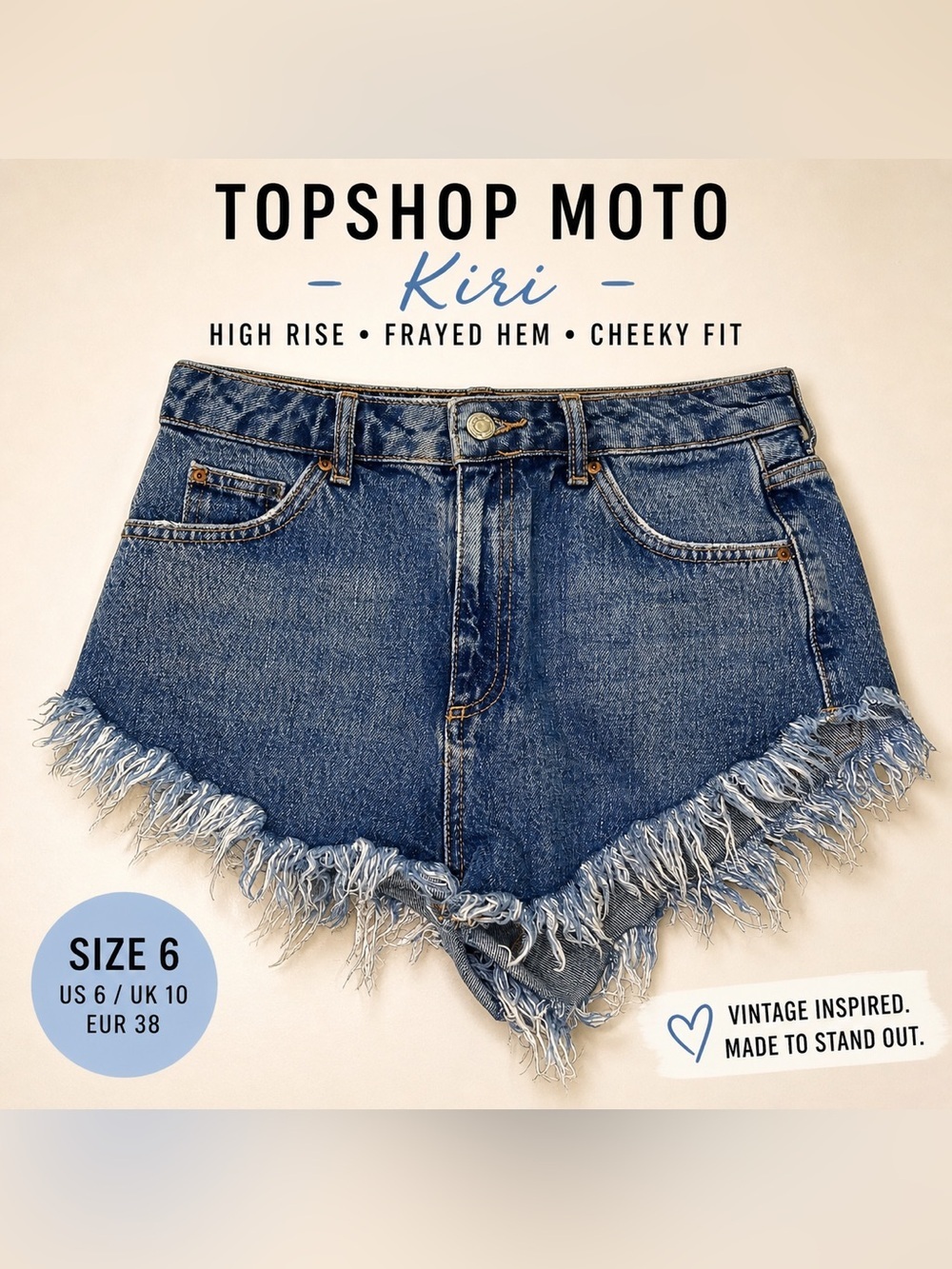 Topshop Moto Kiri Denim Shorts Frayed Hem High Rise Cheeky Cut Size US 6